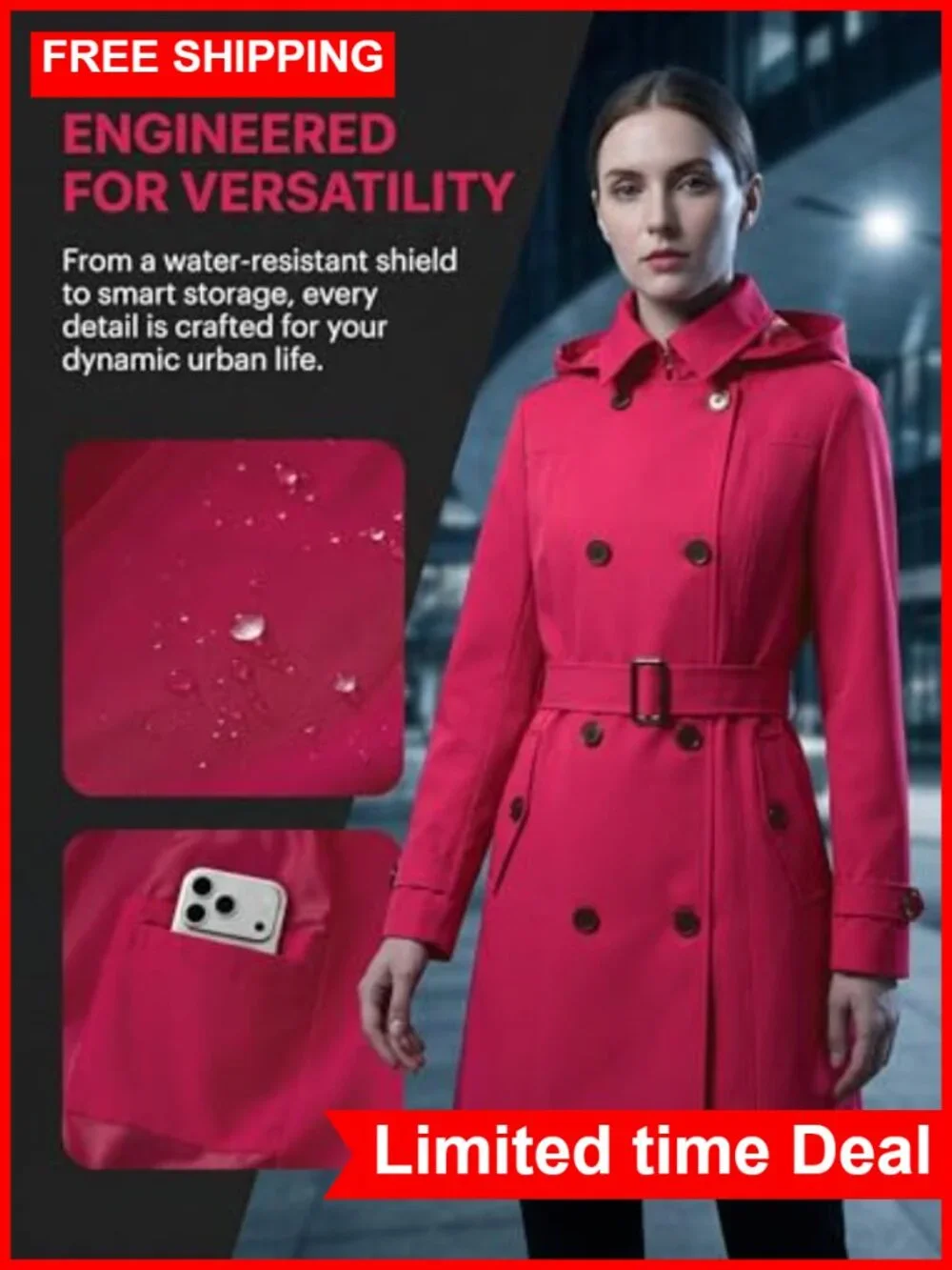 Double-Breasted Belted Trench Coat Water Resistant Wrinkle Resistant